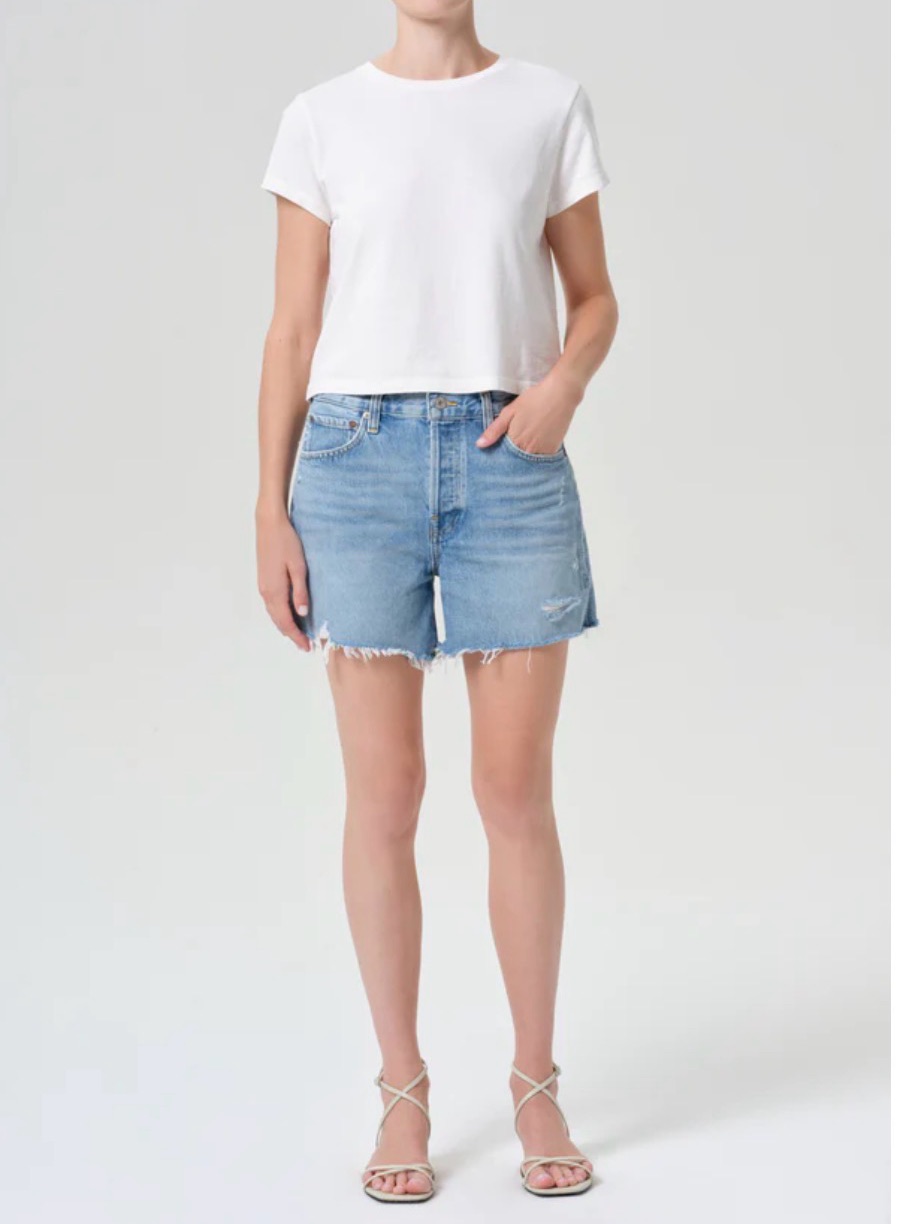 Agolde Parker Long Classic Light Blue Denim Cutoff Shorts